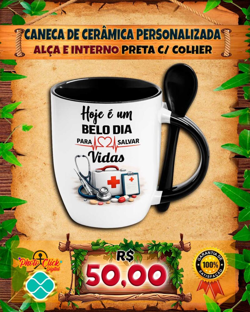 040 CANECA DE CERÂMICA PERSONALIZADA ALÇA INTERNO PRETA COM COLHER