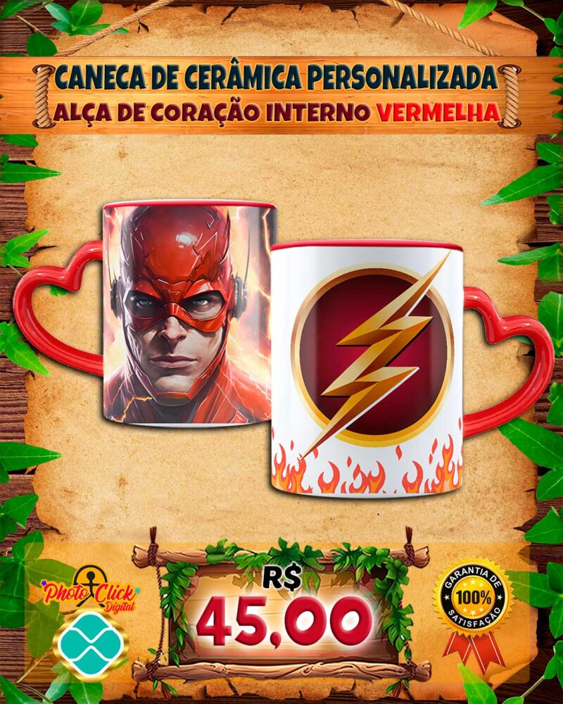 036 CANECA DE CERÂMICA PERSONALIZADA ALÇA DE CORAÇÃO INTERNO VERMELHA