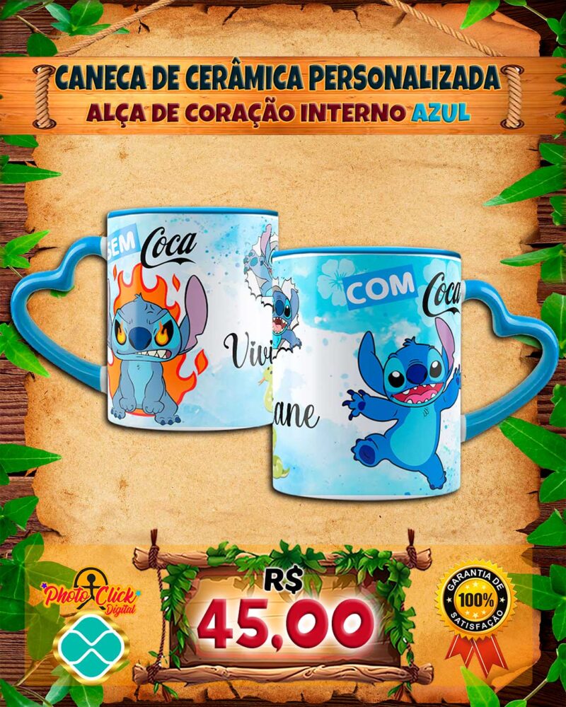 037 CANECA DE CERÂMICA PERSONALIZADA ALÇA DE CORAÇÃO INTERNO AZUL