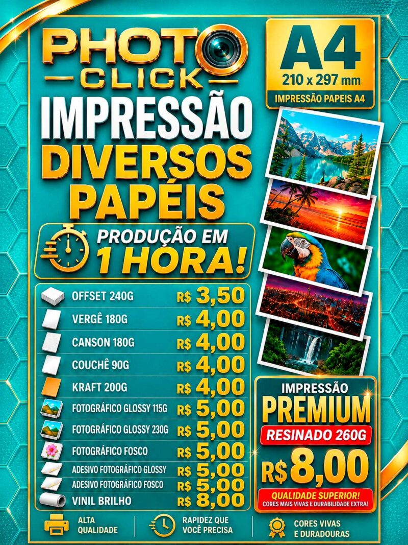 Impressão A4 em Diversos Papéis