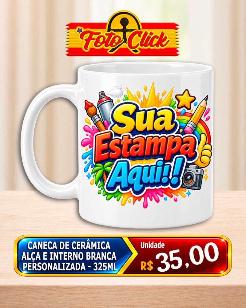 Caneca de Cerâmica Alça e Interno Branca Personalizada 325ml