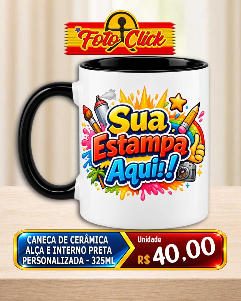 Caneca de Cerâmica Alça e Interno Preta Personalizada 325ml