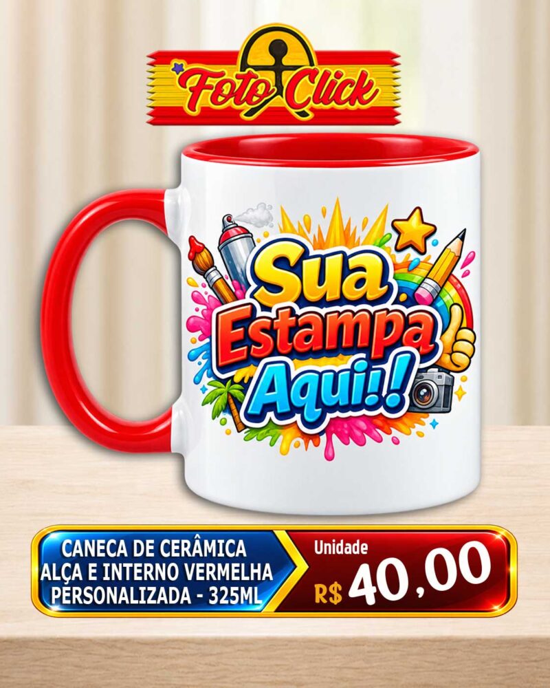 Caneca de Cerâmica Alça e Interno Vermelha Personalizada 325ml