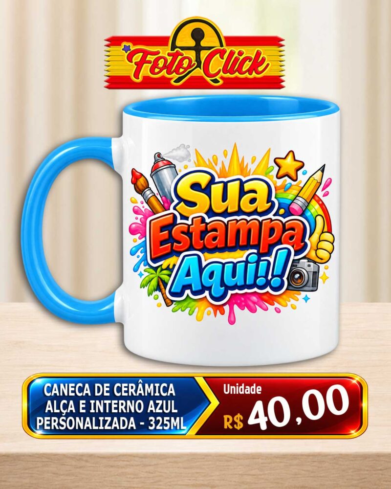 Caneca de Cerâmica Alça e Interno Azul Personalizada 325ml