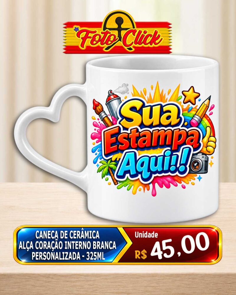 Caneca de Cerâmica Alça de Coração Interno Branca Personalizada 325ml