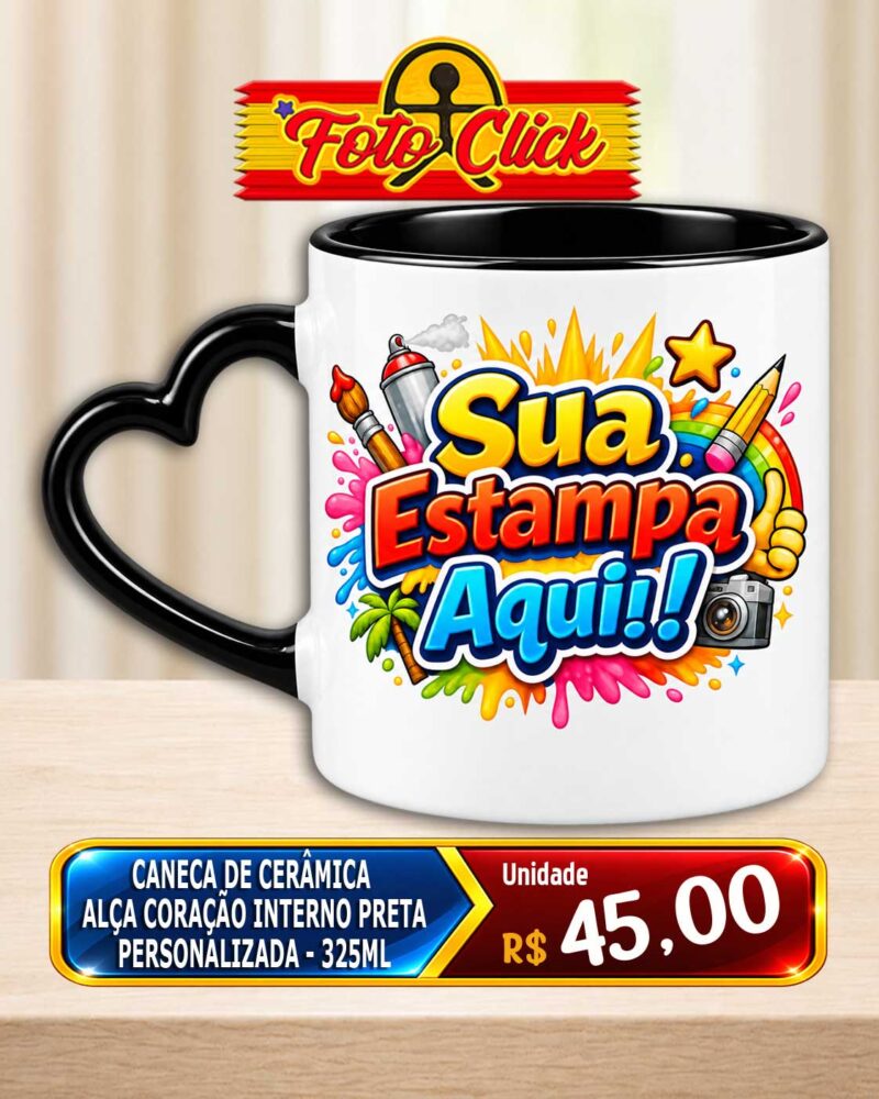 Caneca de Cerâmica Alça de Coração Interno Preta Personalizada 325ml