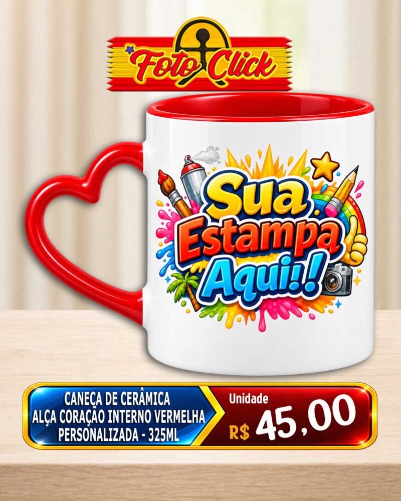 Caneca de Cerâmica Alça de Coração Interno Vermelha Personalizada 325ml