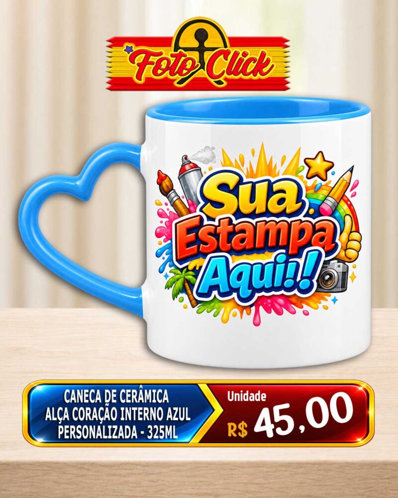 Caneca de Cerâmica Alça de Coração Azul Personalizada 325ml