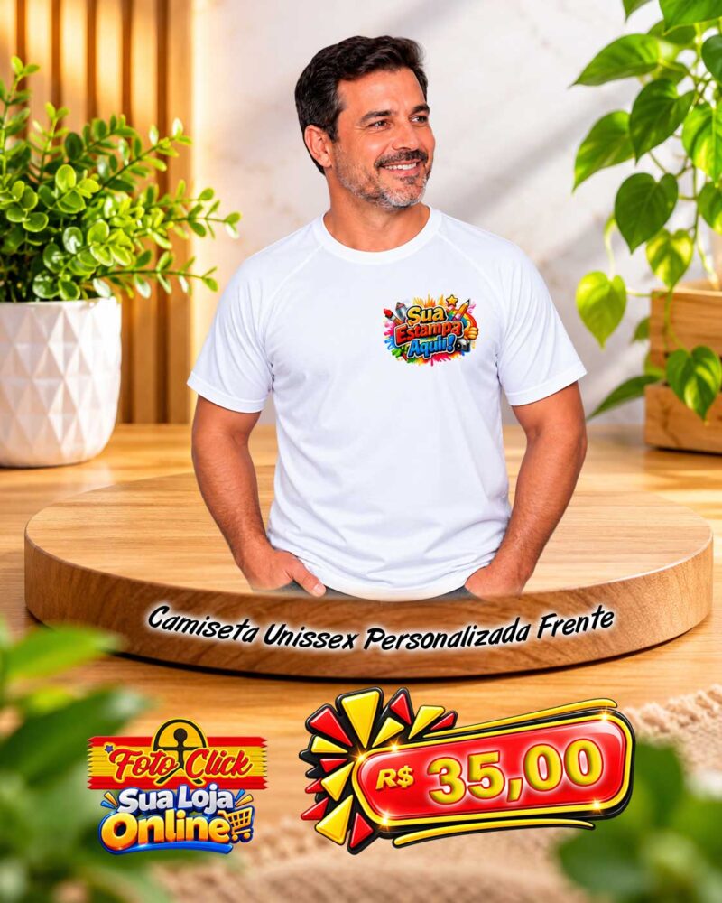 PRO001 Camiseta Unissex Branca 100% Poliéster Personalizada Frente