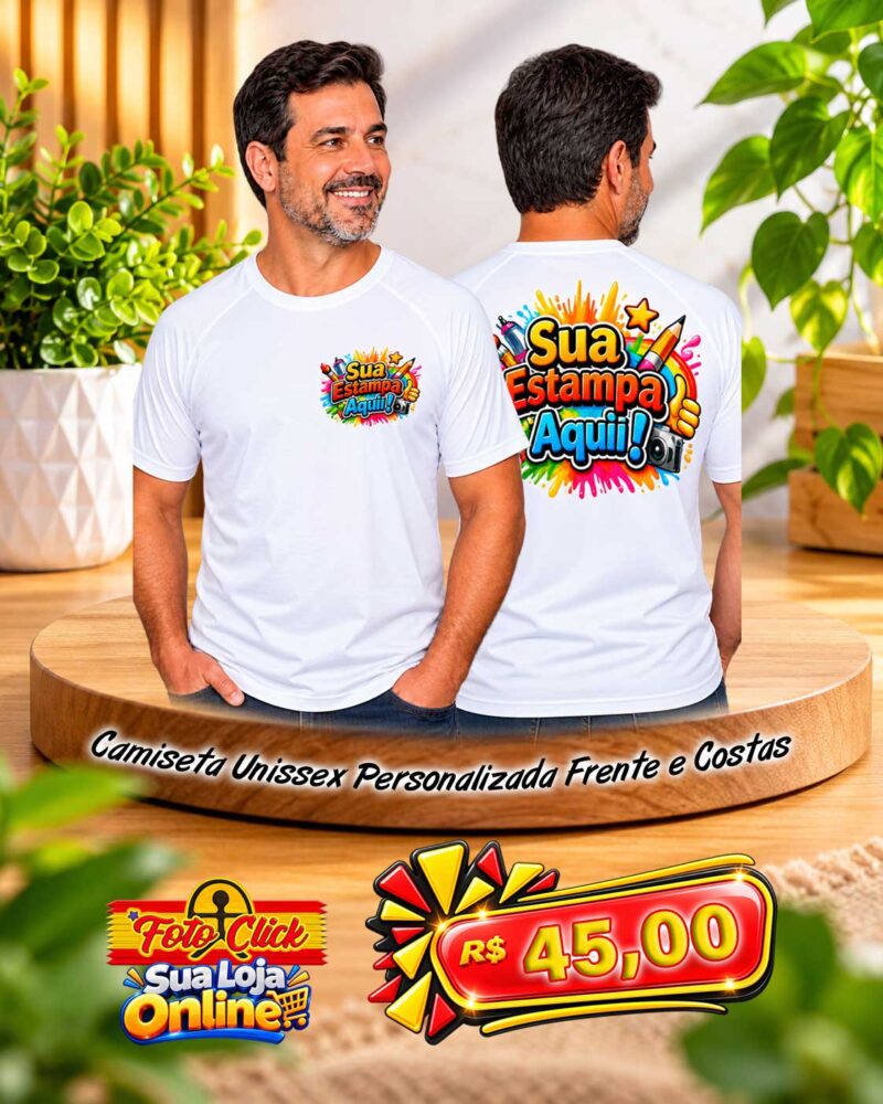 PRO002 Camiseta Unissex Branca 100% Poliéster  Personalizada Frente e Costas