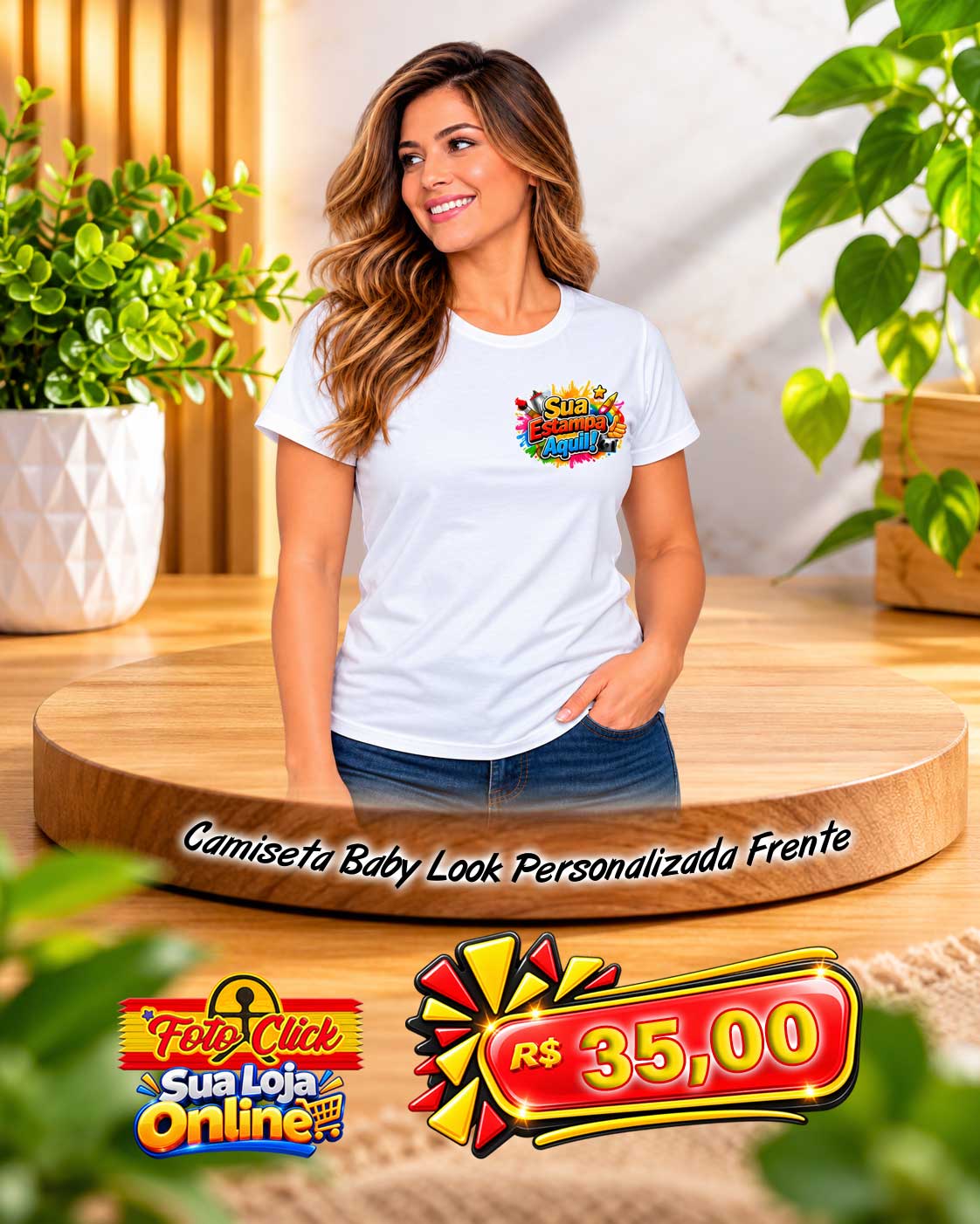PRO003 Camiseta Baby Look Branca 100% Poliéster Personalizada Frente