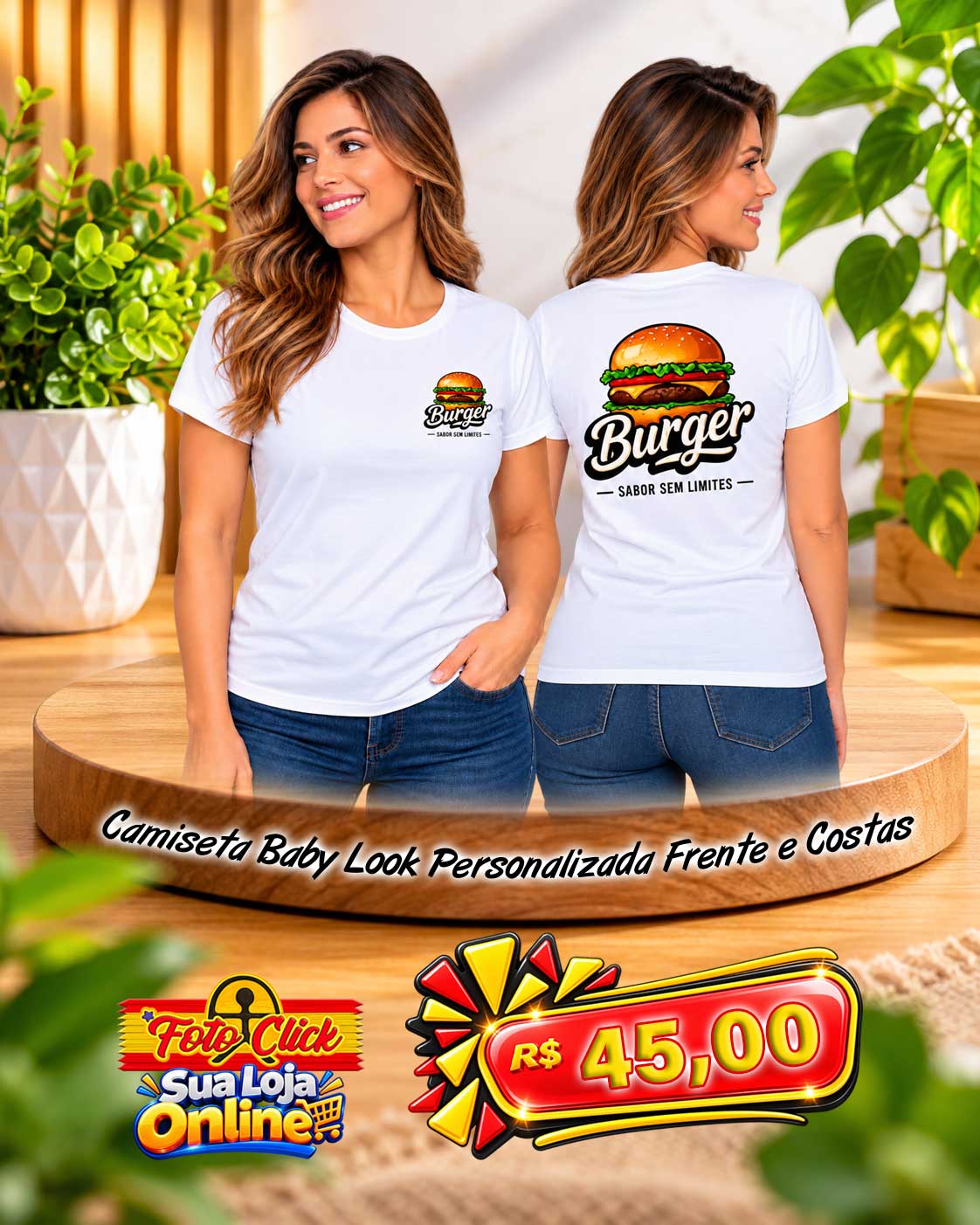 PRO004 Camiseta Baby Look Branca 100% Poliéster Personalizada Frente e Costas