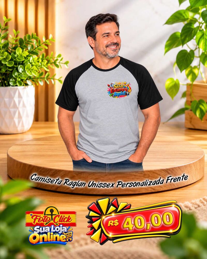 PRO007 Camiseta Raglan Unissex 100% Poliéster Com Manga Preta Personalizada Frente