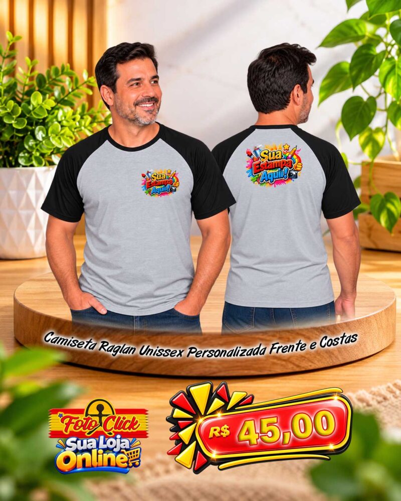 PRO008 Camiseta Raglan Unissex 100% Poliéster Com Manga Preta Personalizada Frente e Costas