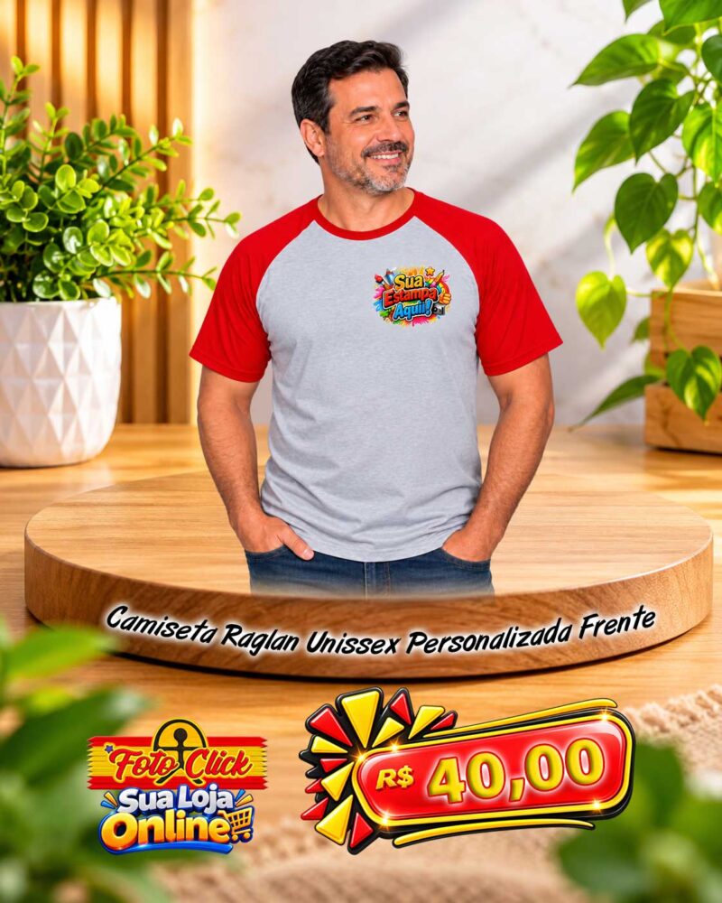 PRO009 Camiseta Raglan Unissex 100% Poliéster Com Manga Vermelha Personalizada Frente
