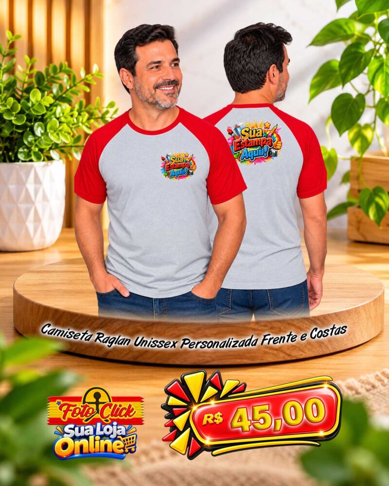 PRO010 Camiseta Raglan Unissex 100% Poliéster Com Manga Vermelha Personalizada Frente