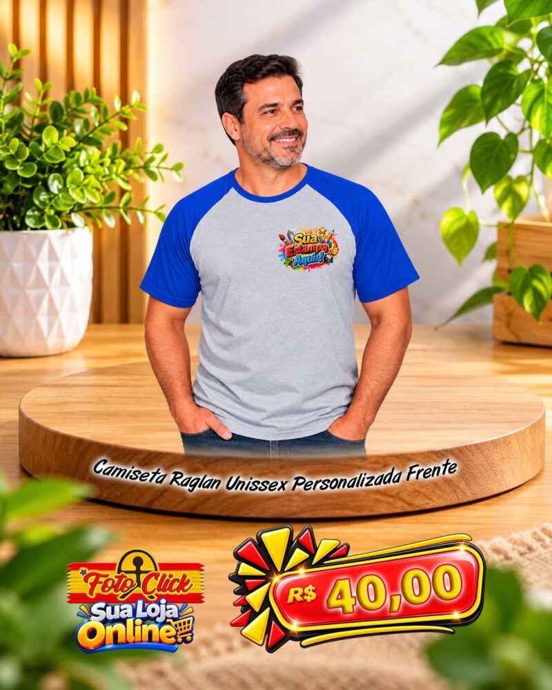 PRO011 Camiseta Raglan Unissex 100% Poliéster Com Manga Azul Personalizada Frente