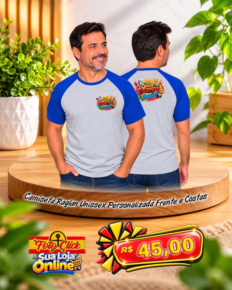 PRO012 Camiseta Raglan Unissex 100% Poliéster Com Manga Azul Personalizada Frente e Costa