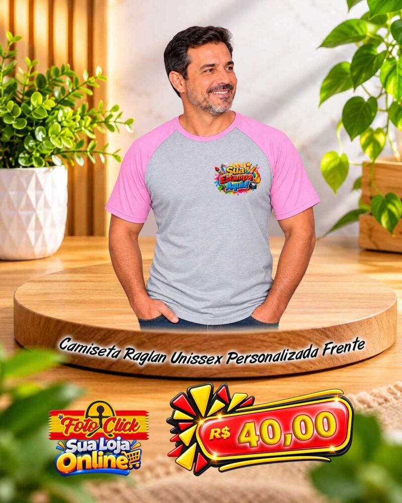 PRO013 Camiseta Raglan Unissex 100% Poliéster Com Manga Rosa Personalizada Frente