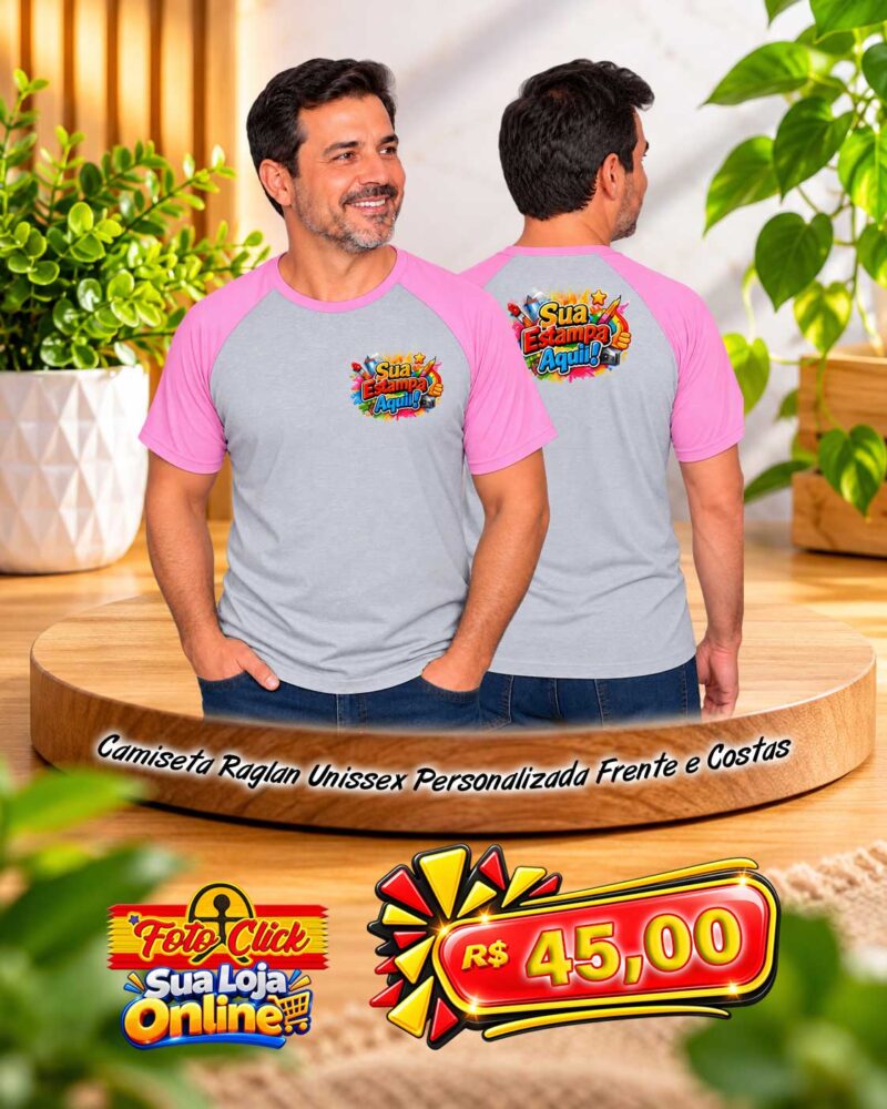 PRO014 Camiseta Raglan Unissex 100% Poliéster Com Manga Rosa Personalizada Frente e Costas