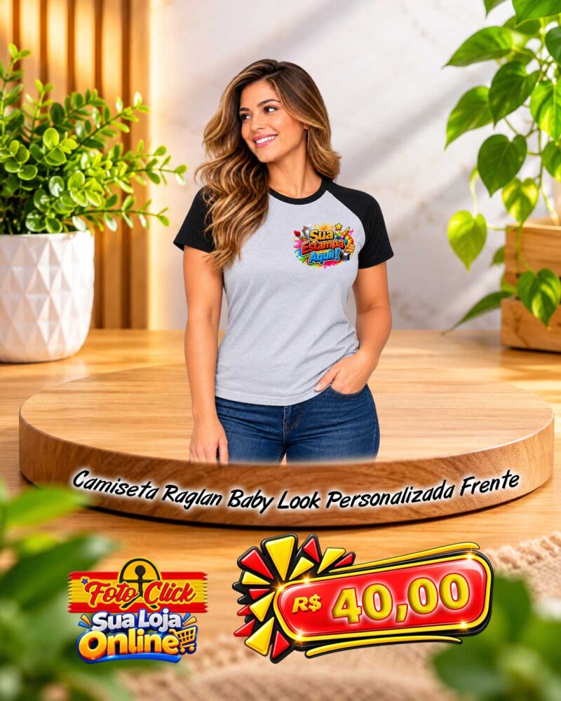 PRO015 Camiseta Raglan Baby Look 100% Poliéster Manga Preta Personalizada Frente