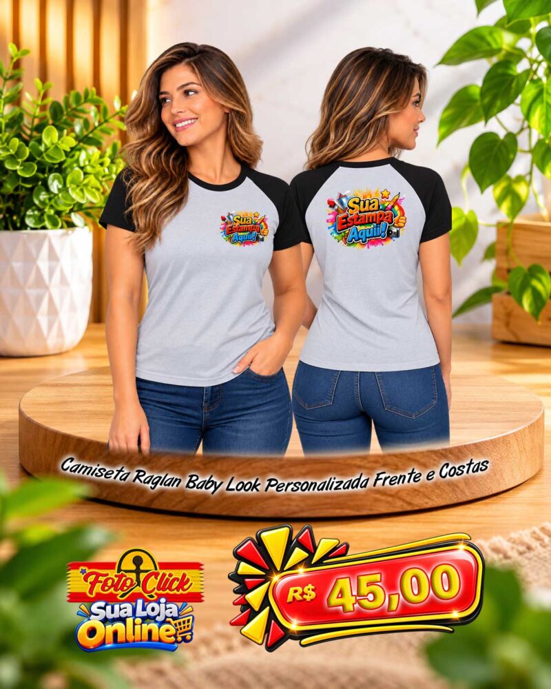 PRO016 Camiseta Raglan Baby Look 100% Poliéster Manga Preta Personalizada Frente e Costas