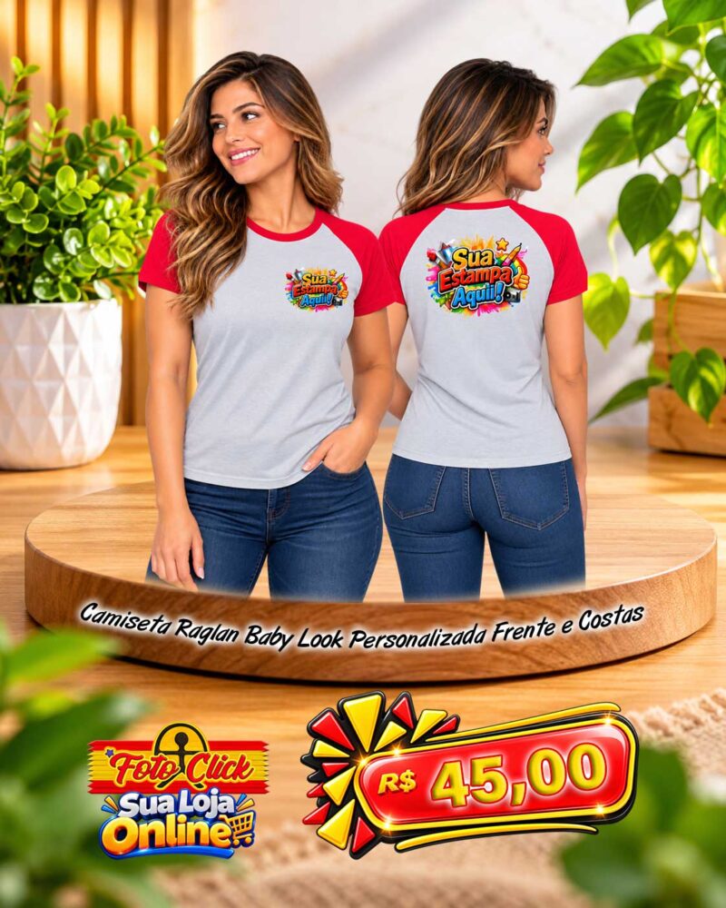 PRO018 Camiseta Raglan Baby Look 100% Poliéster Manga Vermelha Personalizada Frente e Costas