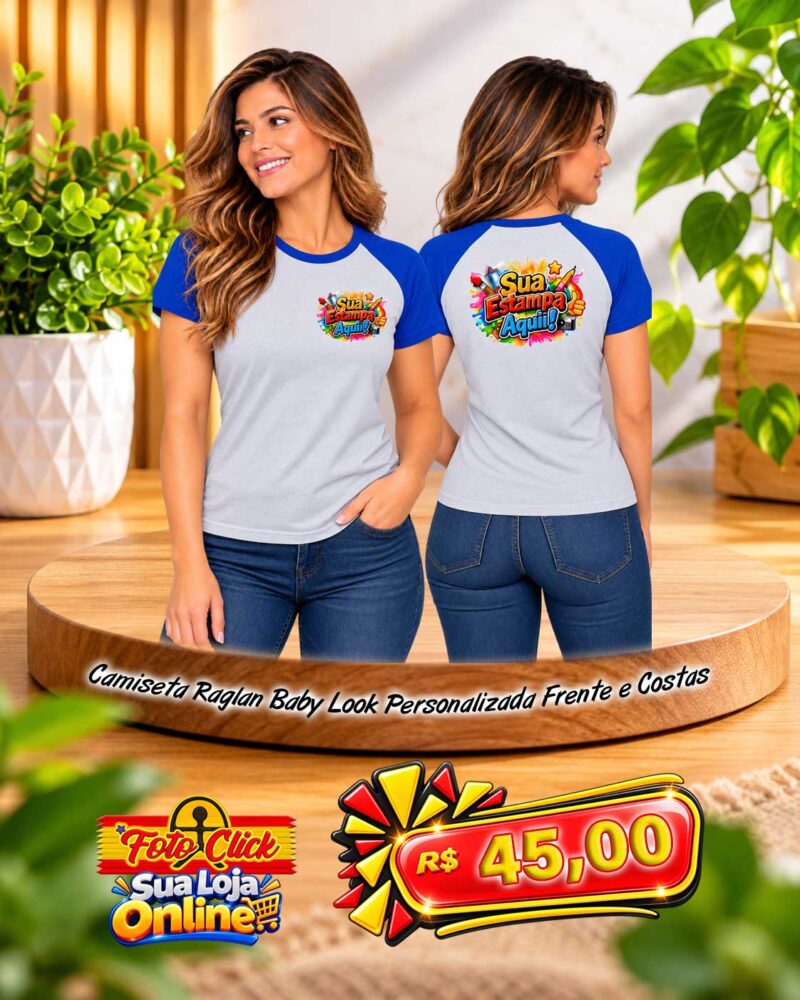 PRO020 Camiseta Raglan Baby Look 100% Poliéster Manga Azul Personalizada Frente e Costas