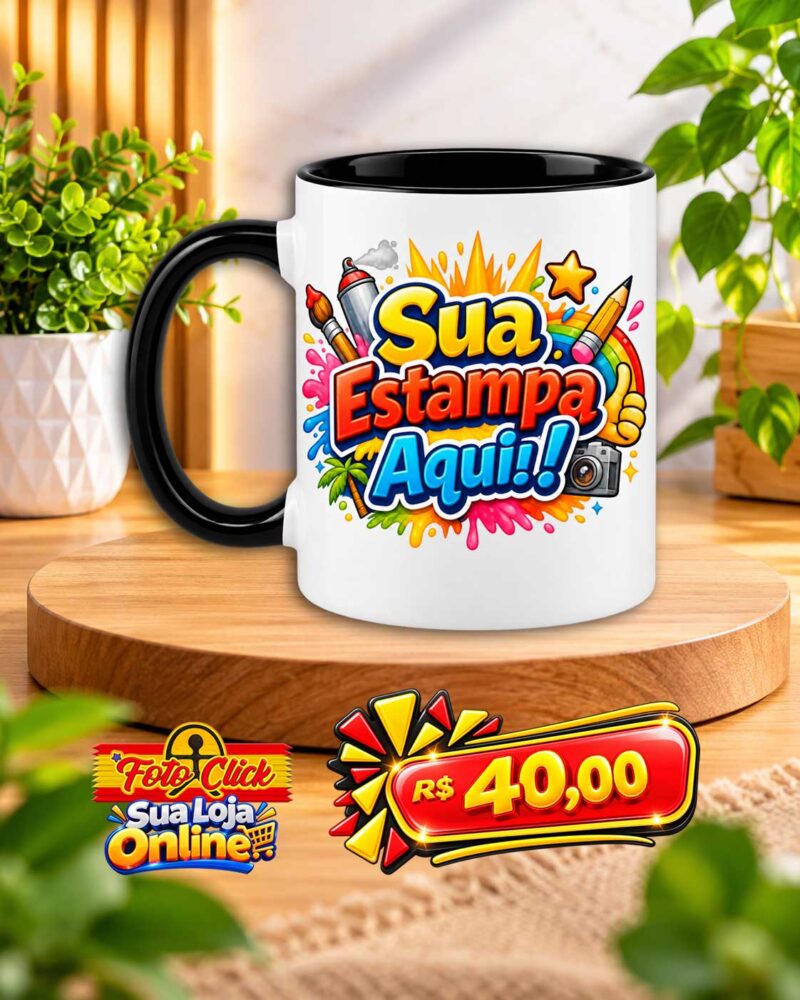 PRO031 Caneca de Cerâmica Alça e Interno Preta Personalizada 325ml
