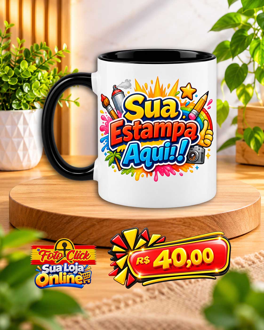 PRO031 Caneca de Cerâmica Alça e Interno Preta Personalizada 325ml
