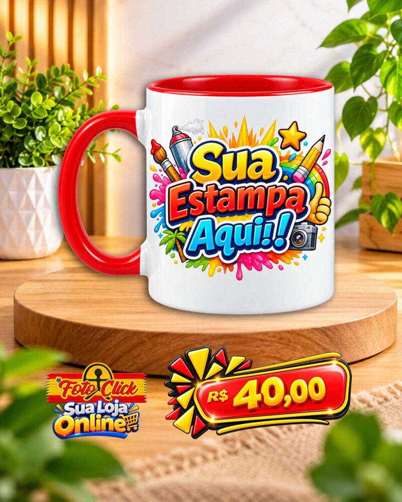 PRO032 Caneca de Cerâmica Alça e Interno Vermelha Personalizada 325ml