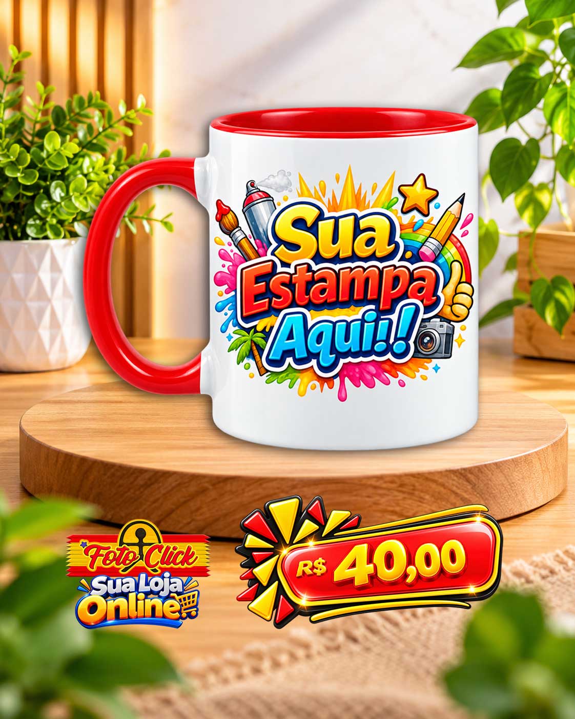 PRO032 Caneca de Cerâmica Alça e Interno Vermelha Personalizada 325ml