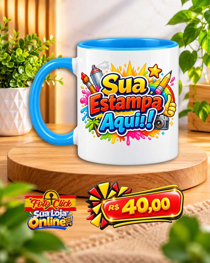 PRO033 Caneca de Cerâmica Alça e Interno Azul Personalizada 325ml