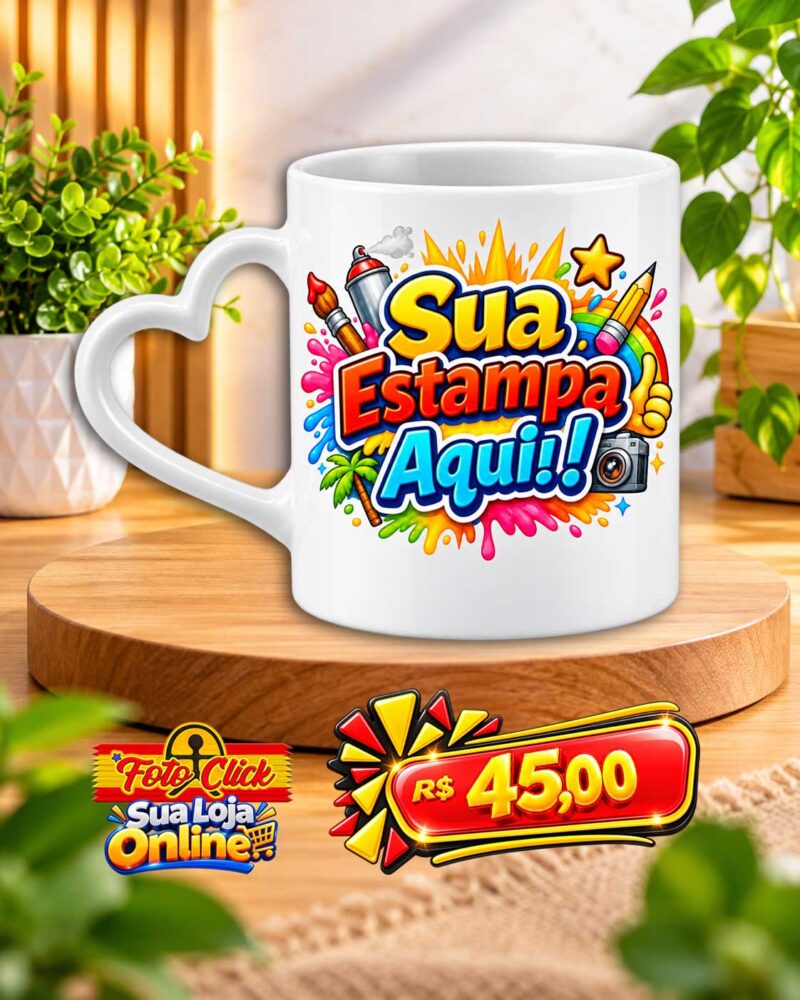 PRO034 Caneca de Cerâmica Alça de Coração Interno Branca Personalizada 325ml