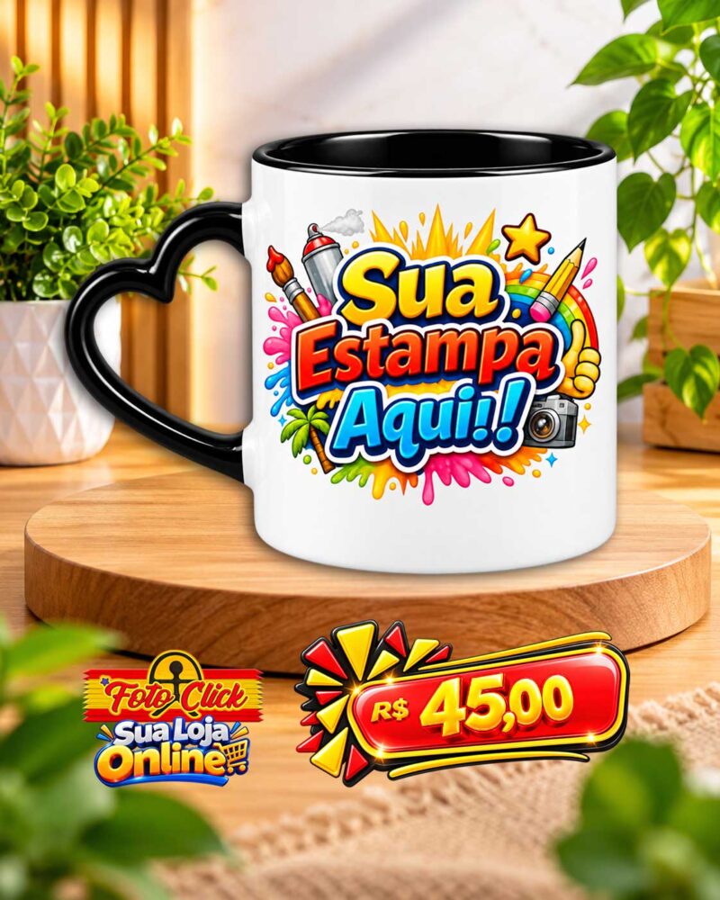 PRO035 Caneca de Cerâmica Alça de Coração Interno Preta Personalizada 325ml