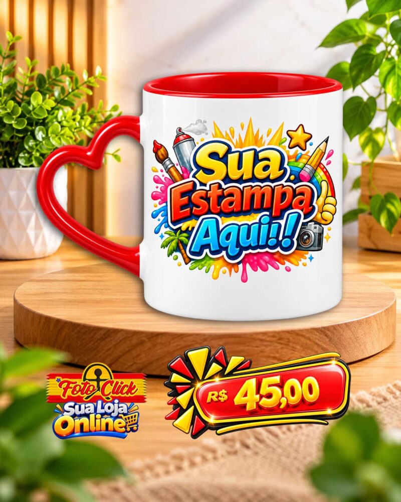 PRO036 Caneca de Cerâmica Alça de Coração Interno Vermelha Personalizada 325ml