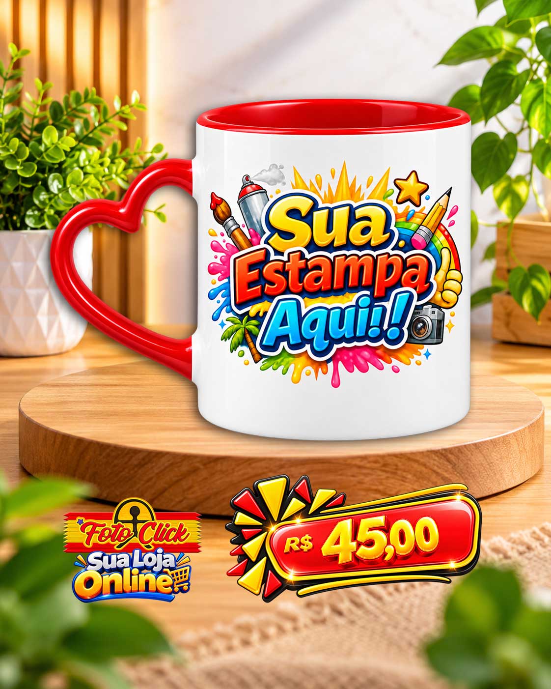 PRO036 Caneca de Cerâmica Alça de Coração Interno Vermelha Personalizada 325ml
