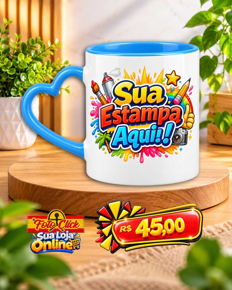 PRO037 Caneca de Cerâmica Alça de Coração Azul Personalizada 325ml